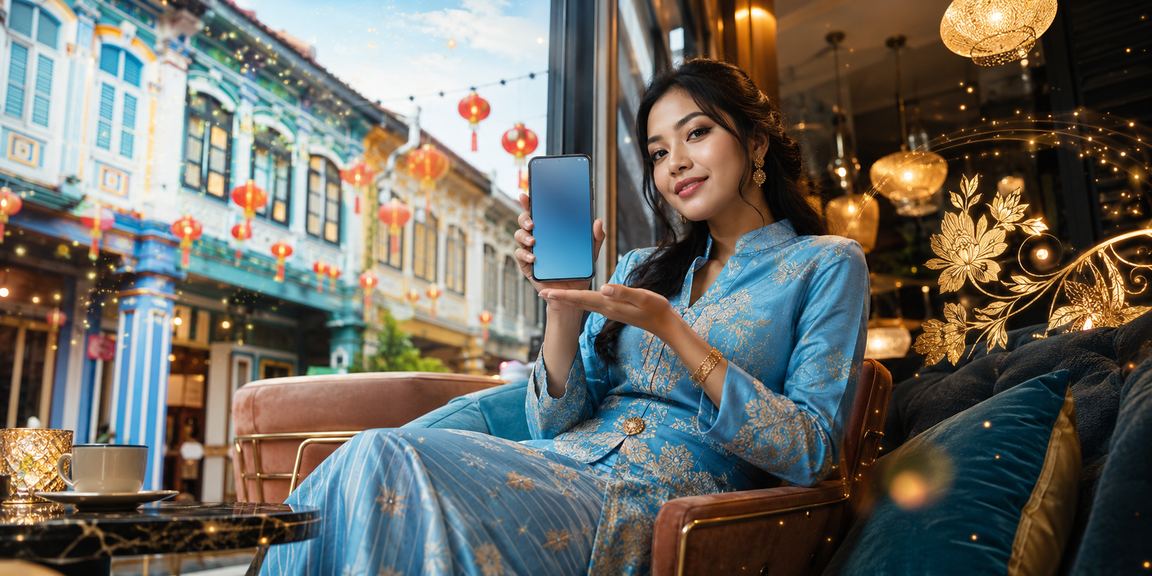Wanita berpakaian baju kurung membuat deposit selamat untuk permainan kasino di Pulau Pinang